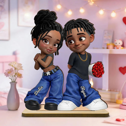 Personalized 2-Layer Wooden Plaque Y2K Style Couple Holding Roses, Unique Gift for Him or Her, Sweet Romantic Desk Decor