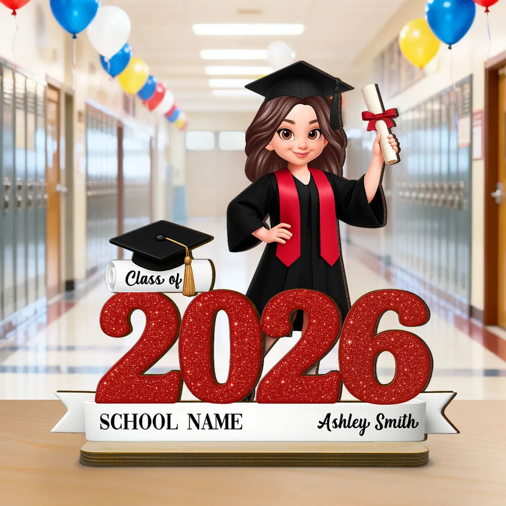 Custom Class Celebration 2-Layer Wooden Plaque, Cute Graduate Figure and Glitter Year Sign, Heartfelt Gift for Grad