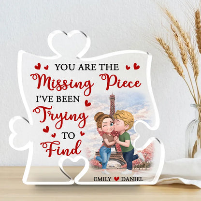 Personalized Puzzle Acrylic Block Plaque You Are The Missing Piece Cute Cartoon Couple Kissing, Unique Anniversary Gift