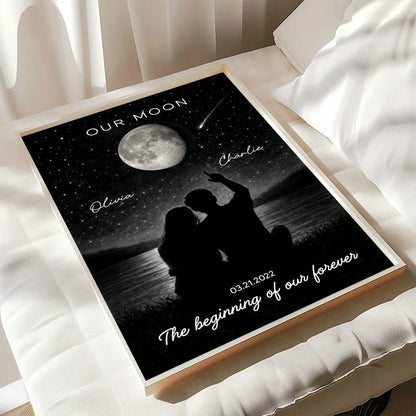 Personalized Moon Night Sky Couple Poster, Romantic Lakeside Silhouette Wall Art, Unique Gift For Couple