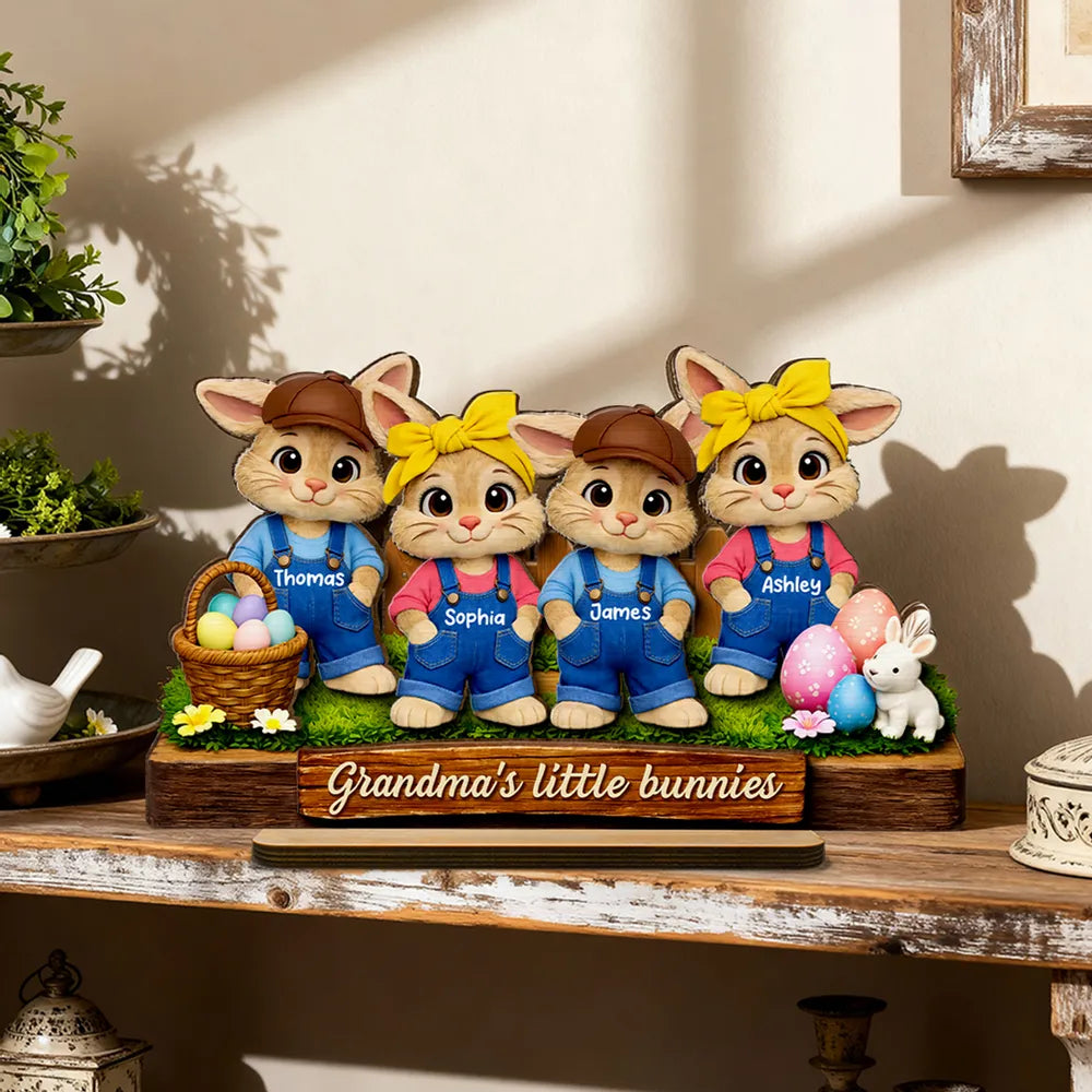 Personalized 2-Layer Wooden Plaque with Grandma's Little Bunnies, Easter Basket Scene, Unique Gift for Grandma