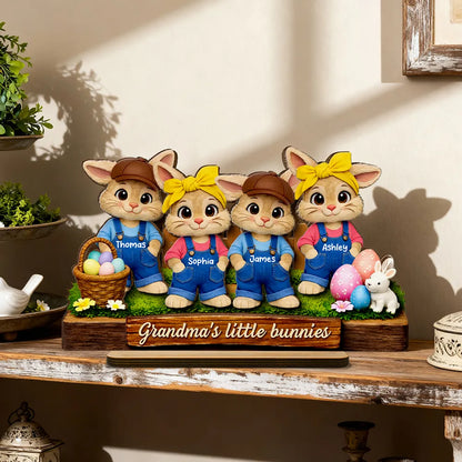 Personalized 2-Layer Wooden Plaque with Grandma's Little Bunnies, Easter Basket Scene, Unique Gift for Grandma
