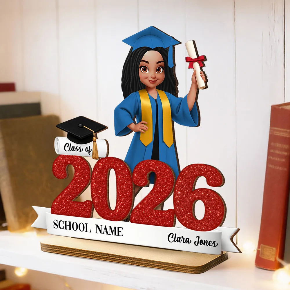 Custom Class Celebration 2-Layer Wooden Plaque, Cute Graduate Figure and Glitter Year Sign, Heartfelt Gift for Grad