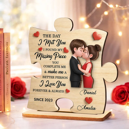 Personalized 2-Layer Wooden Plaque Puzzle Couple Kissing Romantic Keepsake for Bedroom or Living Room Display Unique Gift