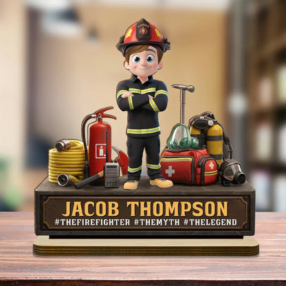 Personalized Firefighter 2-Layer Wooden Plaque, Cartoon Hero Gear Display, Unique Gift for Firefighters