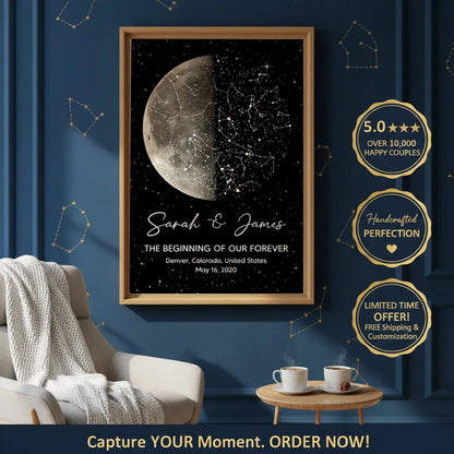 Personalized Moon Phase & Star Map Poster, Unique Gift for Couple, Custom Night Sky Wall Art