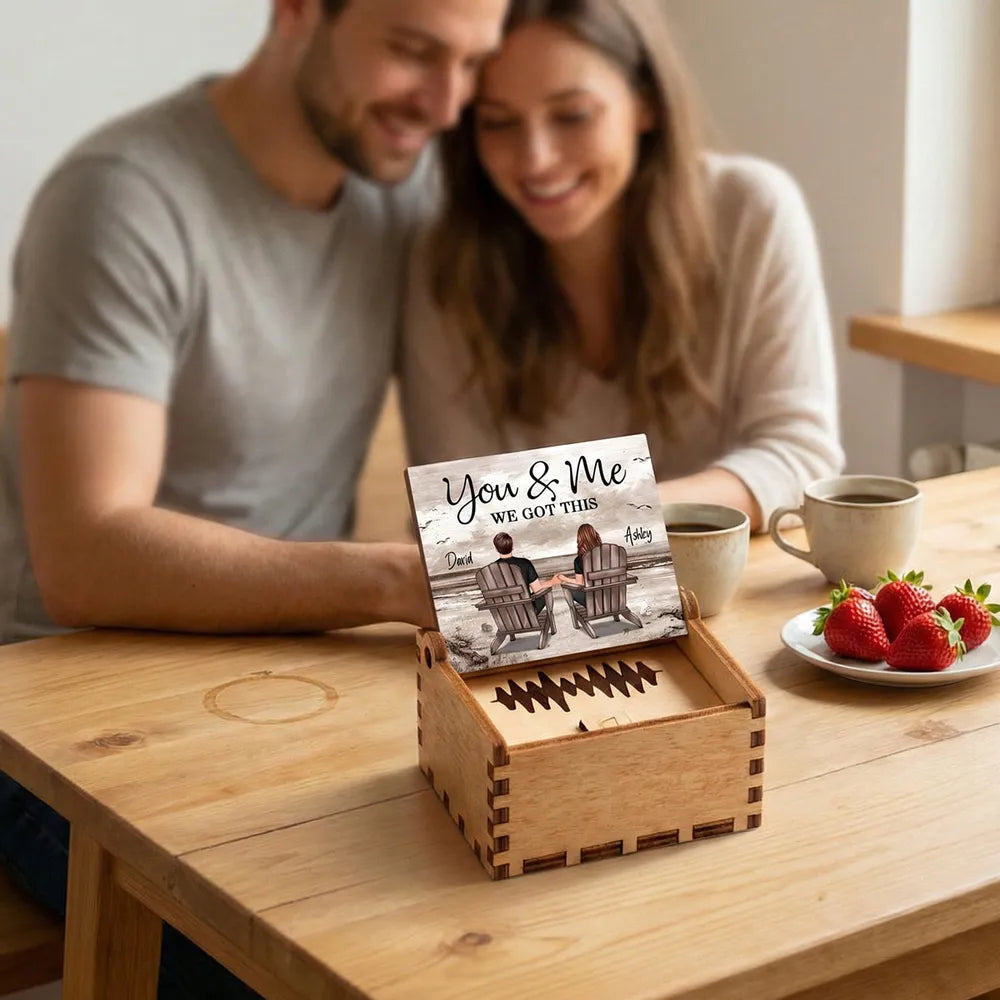 Personalized Wooden Music Box with Beach Couple Sitting in Chairs, You & Me Quote, Unique Romantic Gift for Couple