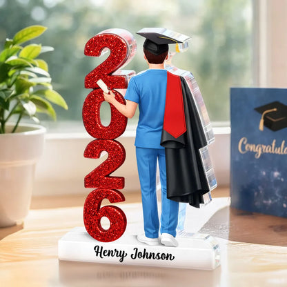 Personalized Shaped Acrylic Block Plaque Class Graduation Keepsake, Nurse Grad in Cap Holding Diploma, Unique Gift