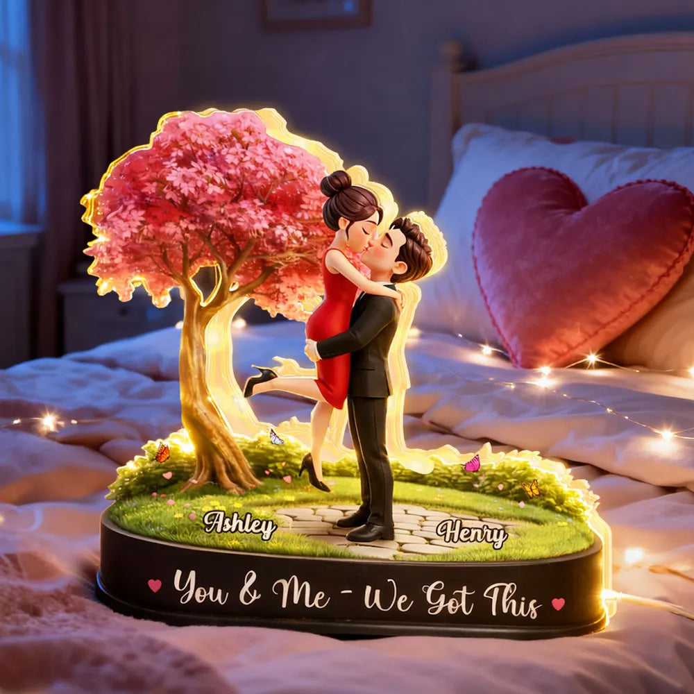 Personalized Acrylic Light Box Kissing Couple Under Pink Tree Night Sky, Warm Glow Unique Romantic Gift for Her or Him