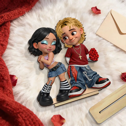 Personalized 2-Layer Wooden Plaque Y2K Style Couple Holding Roses, Unique Gift for Him or Her, Sweet Romantic Desk Decor