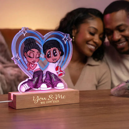Personalized Shaped Acrylic Block LED Plaque Cute Cartoon Couple in Heart Glow Romantic Unique Gift for Girlfriend or Boyfriend