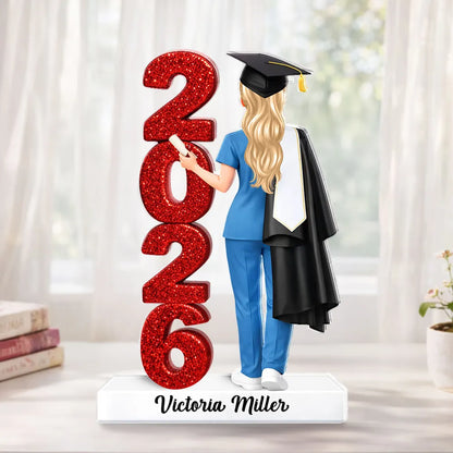Personalized Shaped Acrylic Block Plaque Class Graduation Keepsake, Nurse Grad in Cap Holding Diploma, Unique Gift