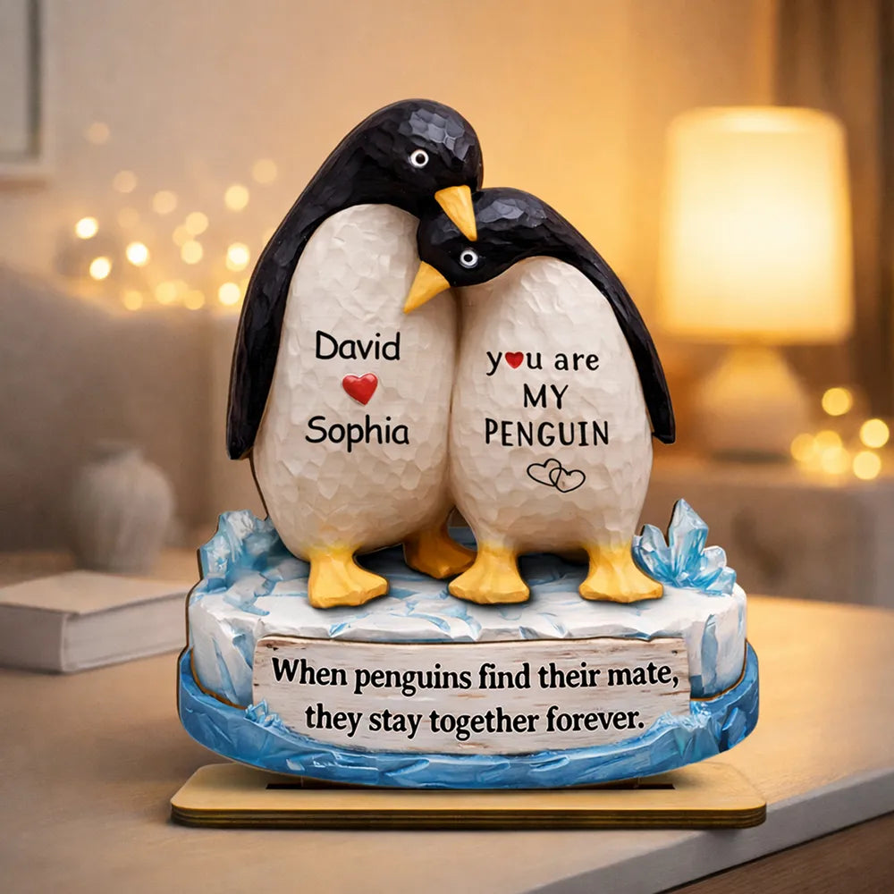 You Are My Penguin 2-Layer Wooden Plaque, Custom Names Couple Keepsake for Bedroom or Living Room, Sweet Gift for Couples