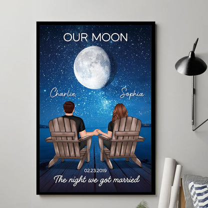 Personalized Moon Poster, Couple Holding Hands by the Ocean at Night, Unique Romantic Gift for Her or Him