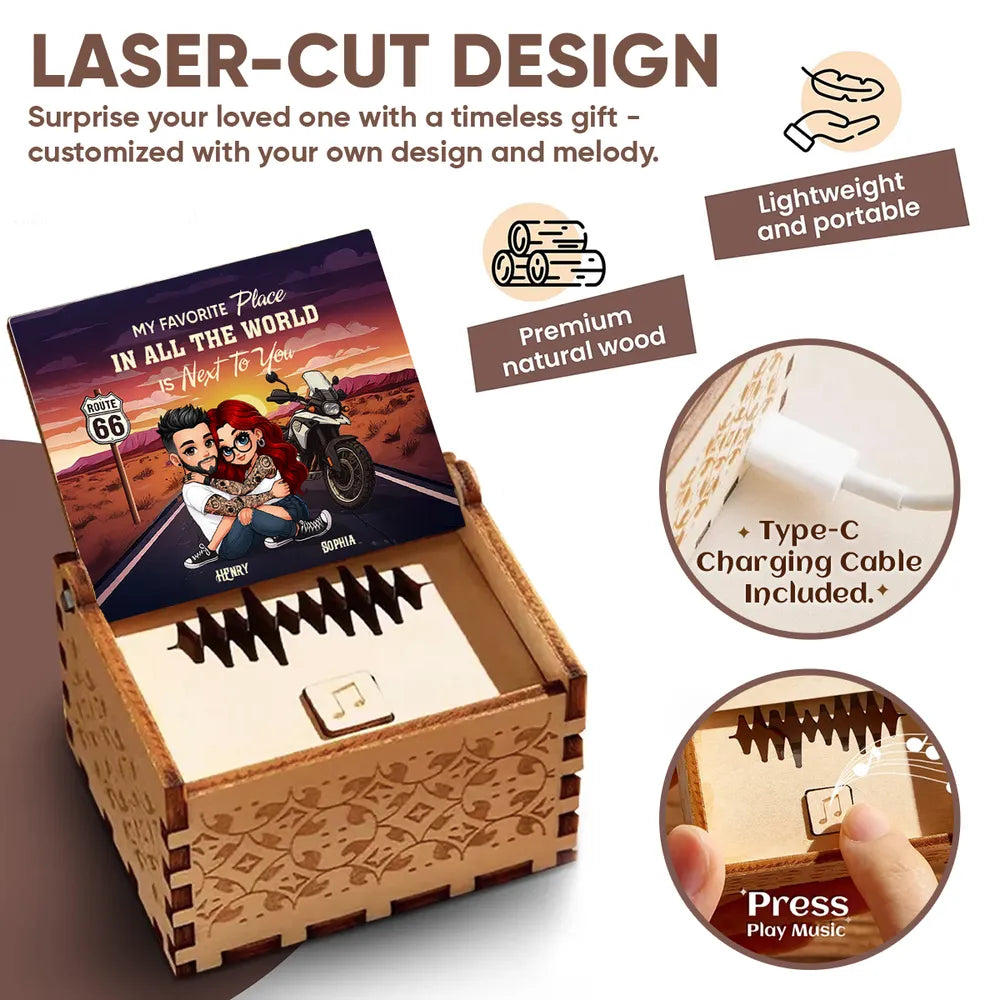 Personalized Wooden Music Box, Riding Partners For Life Couple Hugging by Motorcycle Sunset, Unique Gift for Husband or Wife