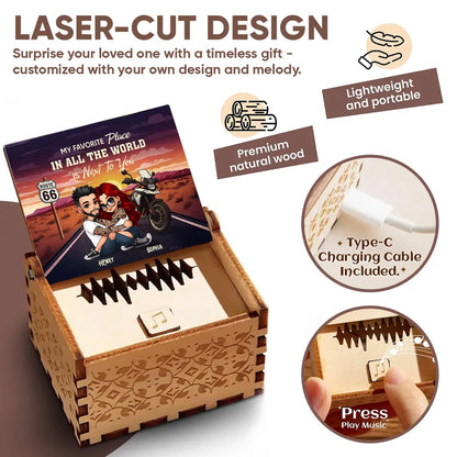 Personalized Wooden Music Box, Riding Partners For Life Couple Hugging by Motorcycle Sunset, Unique Gift for Husband or Wife