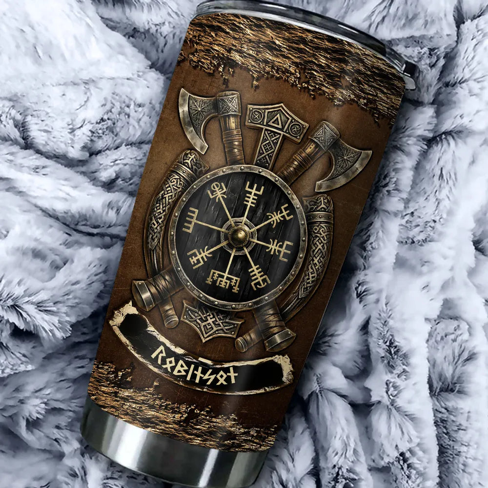 Insulated Travel Tumbler, Personalized Viking Axes and Runic Compass Art, Creative Gift for Coffee Lovers