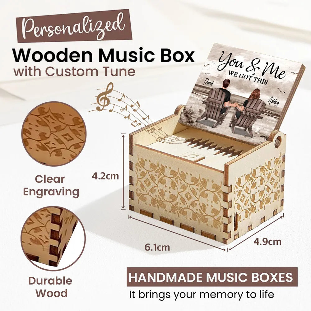 Personalized Wooden Music Box with Beach Couple Sitting in Chairs, You & Me Quote, Unique Romantic Gift for Couple