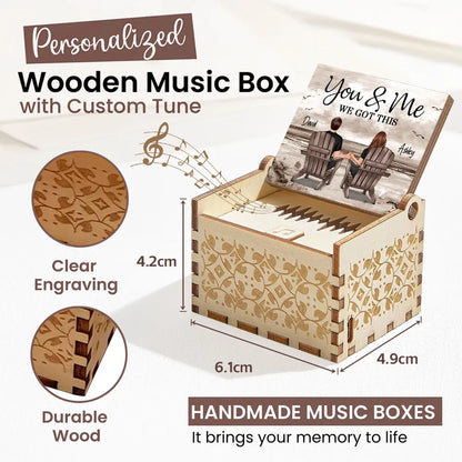 Personalized Wooden Music Box with Beach Couple Sitting in Chairs, You & Me Quote, Unique Romantic Gift for Couple