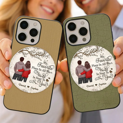 Personalized Acrylic Magnetic Phone Grip with Couple Back View and Love Quote, Unique Gift for Him or Her