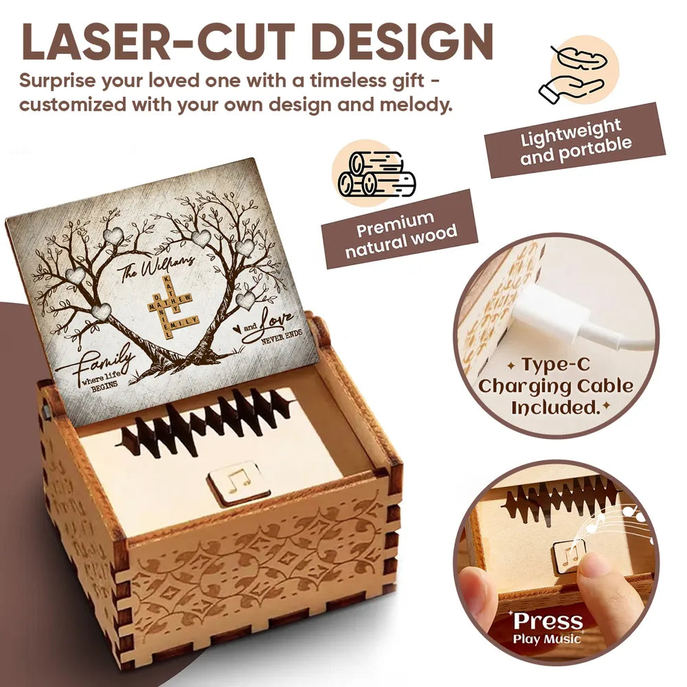Personalized Wooden Music Box with Heart Tree Crossword Design for Family Keepsake, Unique Gift for Mom Dad Couple