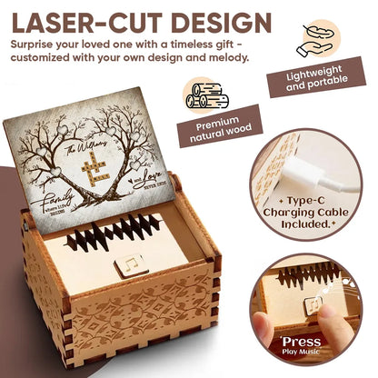 Personalized Wooden Music Box with Heart Tree Crossword Design for Family Keepsake, Unique Gift for Mom Dad Couple