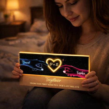 Personalized Block LED Light Plaque with Couple Hands & Glowing Heart, Romantic Bedside Decor, Unique Gift for Couples