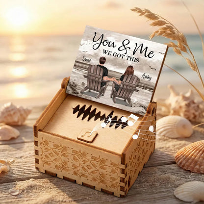 Personalized Wooden Music Box with Beach Couple Sitting in Chairs, You & Me Quote, Unique Romantic Gift for Couple