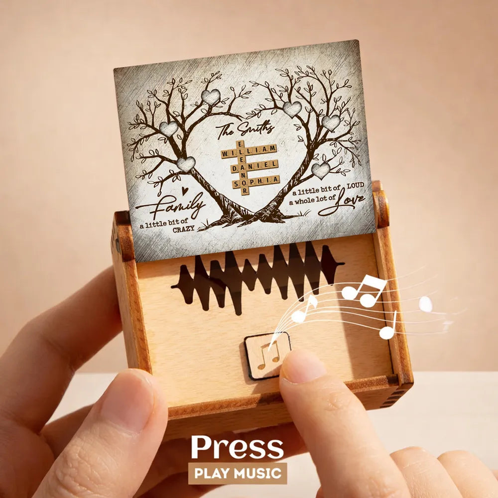Personalized Wooden Music Box with Heart Tree Crossword Design for Family Keepsake, Unique Gift for Mom Dad Couple