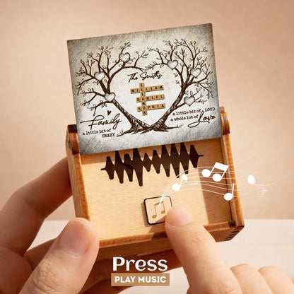 Personalized Wooden Music Box with Heart Tree Crossword Design for Family Keepsake, Unique Gift for Mom Dad Couple