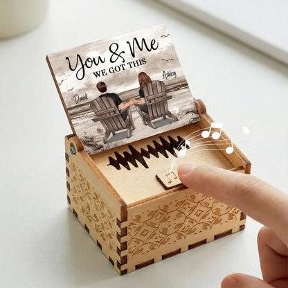 Personalized Wooden Music Box with Beach Couple Sitting in Chairs, You & Me Quote, Unique Romantic Gift for Couple