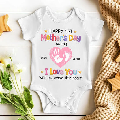 Short Sleeve Baby Onesie for Baby's First Mother's Day, Personalized Handprint Heart I Love You Design, Sweet Gift