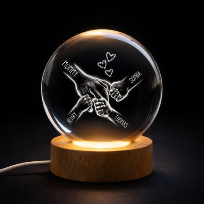 Globe Lamp Personalized for Mom, Hand-in-Hand Family Design with Hearts, Warm Night Light, Unique Mother's Day Gift