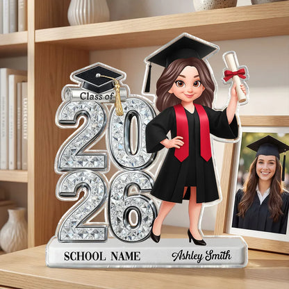 Personalized Graduation 2-Layer Wooden Plaque, Class of 2026 Cartoon Graduate Holding Diploma, Unique Gift for Her Him