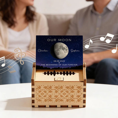 Personalized Moon Phase Wooden Music Box with Your Song, Starry Night Keepsake, Unique Romantic Gift for Couples
