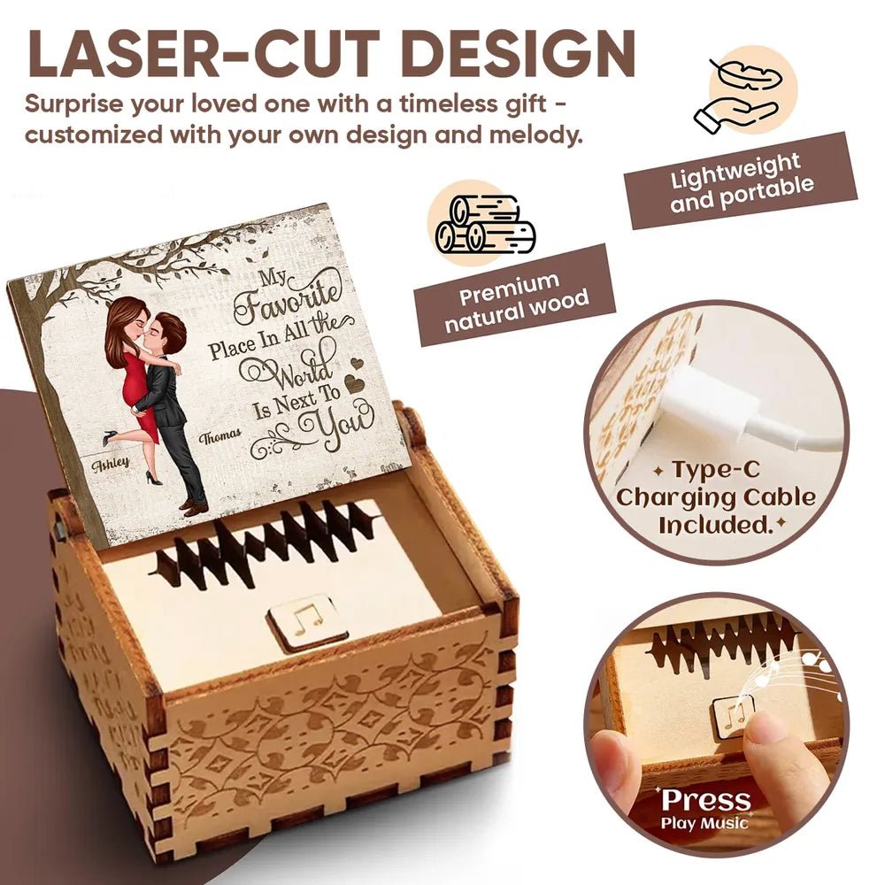 Personalized Wooden Music Box with Kissing Couple and 'My Favorite Place Is Next to You' - Unique Romantic Gift
