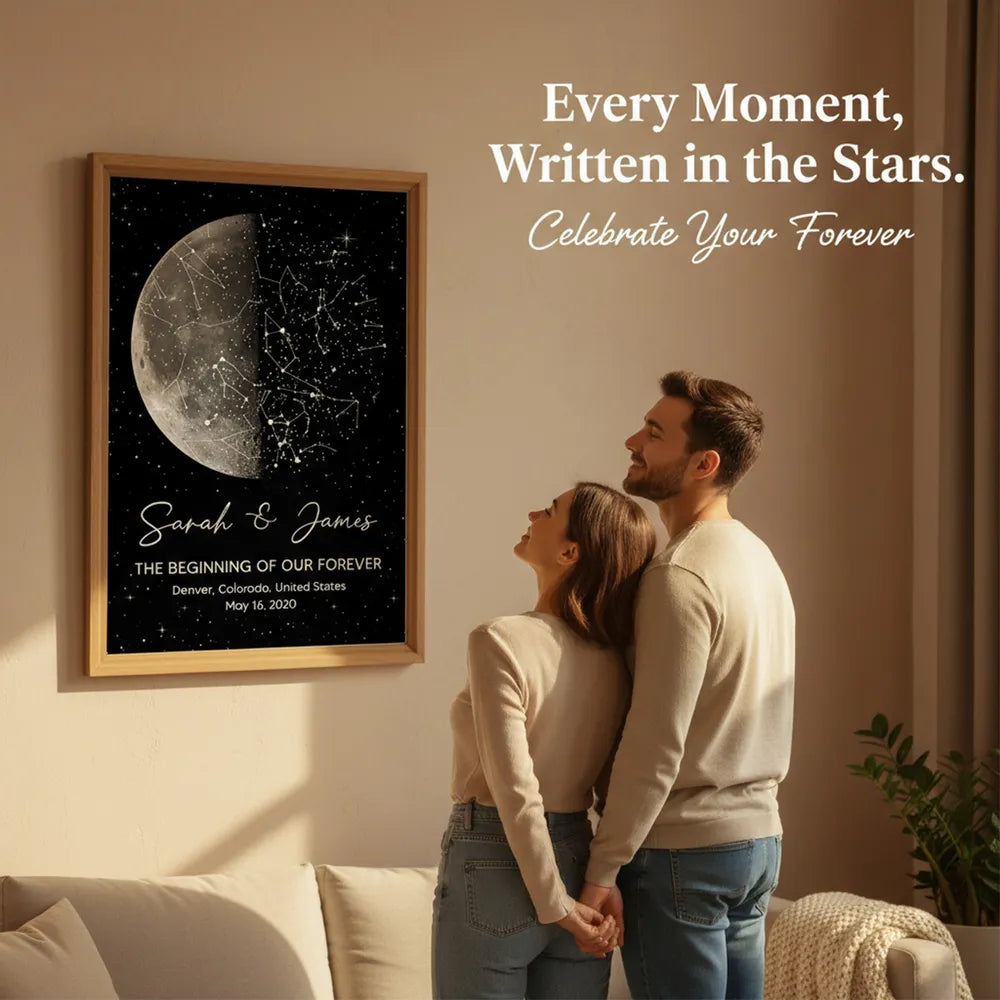 Personalized Moon Phase & Star Map Poster, Unique Gift for Couple, Custom Night Sky Wall Art