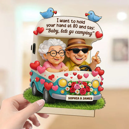 Personalized 2-Layer Wooden Plaque Cute Cartoon Couple in Camper Van 'Baby, let's go camping' Unique Gift for Him or Her