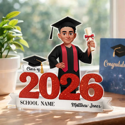 Personalized Class of Graduation Shaped Acrylic Block Plaque, Cute Grad Holding Diploma Shelf Decor, Unique Gift