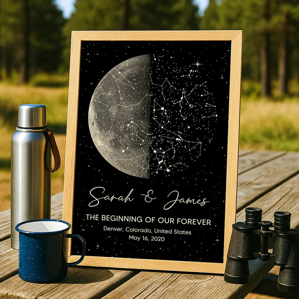Personalized Moon Phase & Star Map Poster, Unique Gift for Couple, Custom Night Sky Wall Art