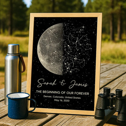 Personalized Moon Phase & Star Map Poster, Unique Gift for Couple, Custom Night Sky Wall Art