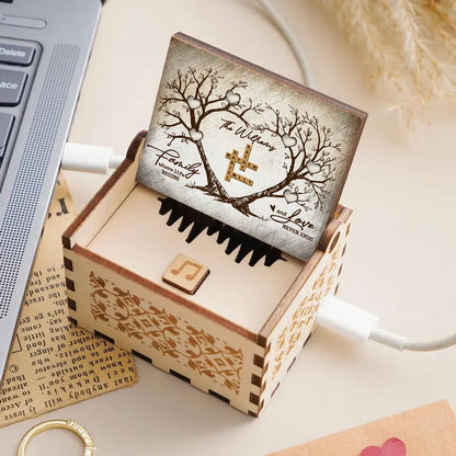 Personalized Wooden Music Box with Heart Tree Crossword Design for Family Keepsake, Unique Gift for Mom Dad Couple