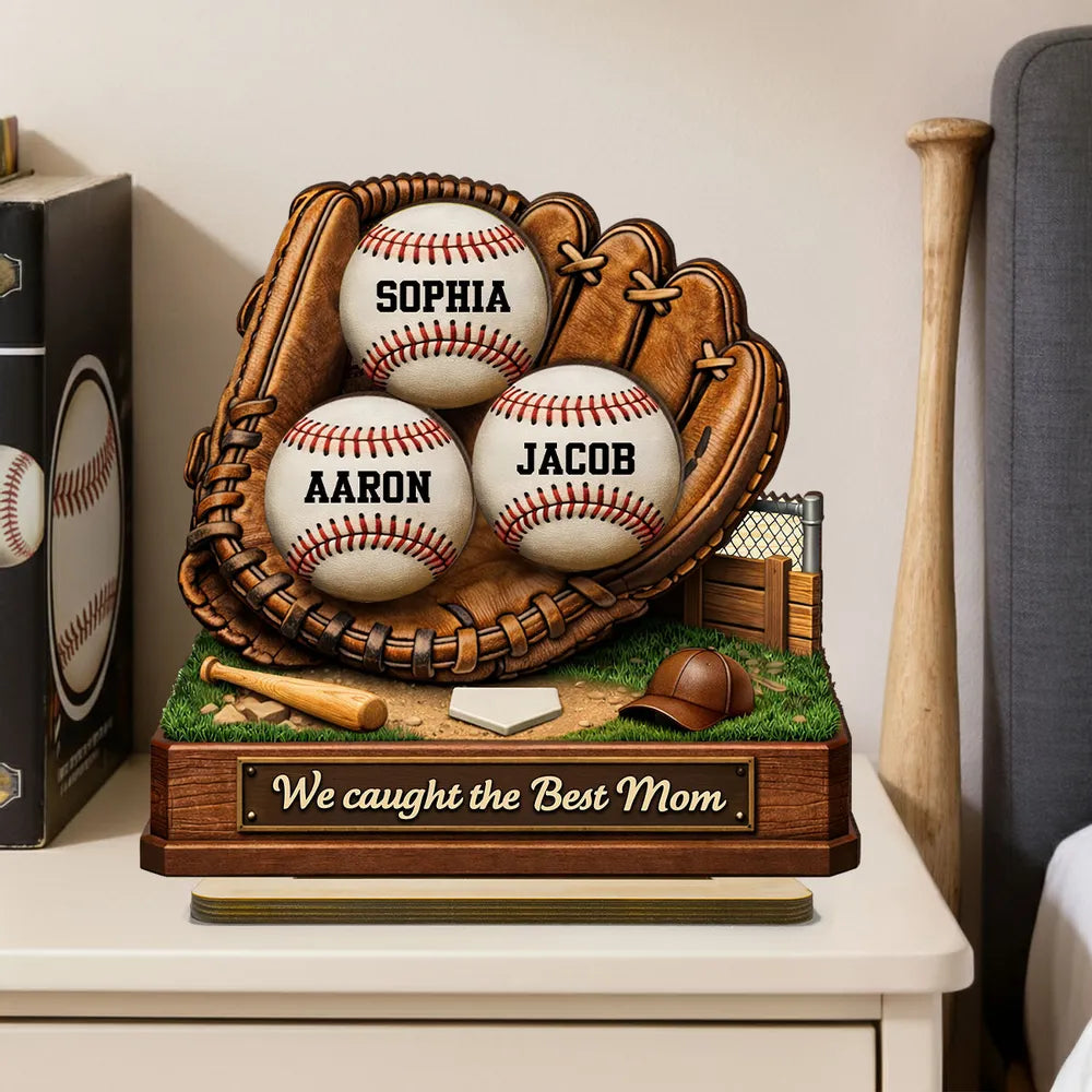 Personalized 2-Layer Wooden Plaque Baseball Glove Design for Mom, We Caught the Best Mom, Unique Gift for Baseball Families