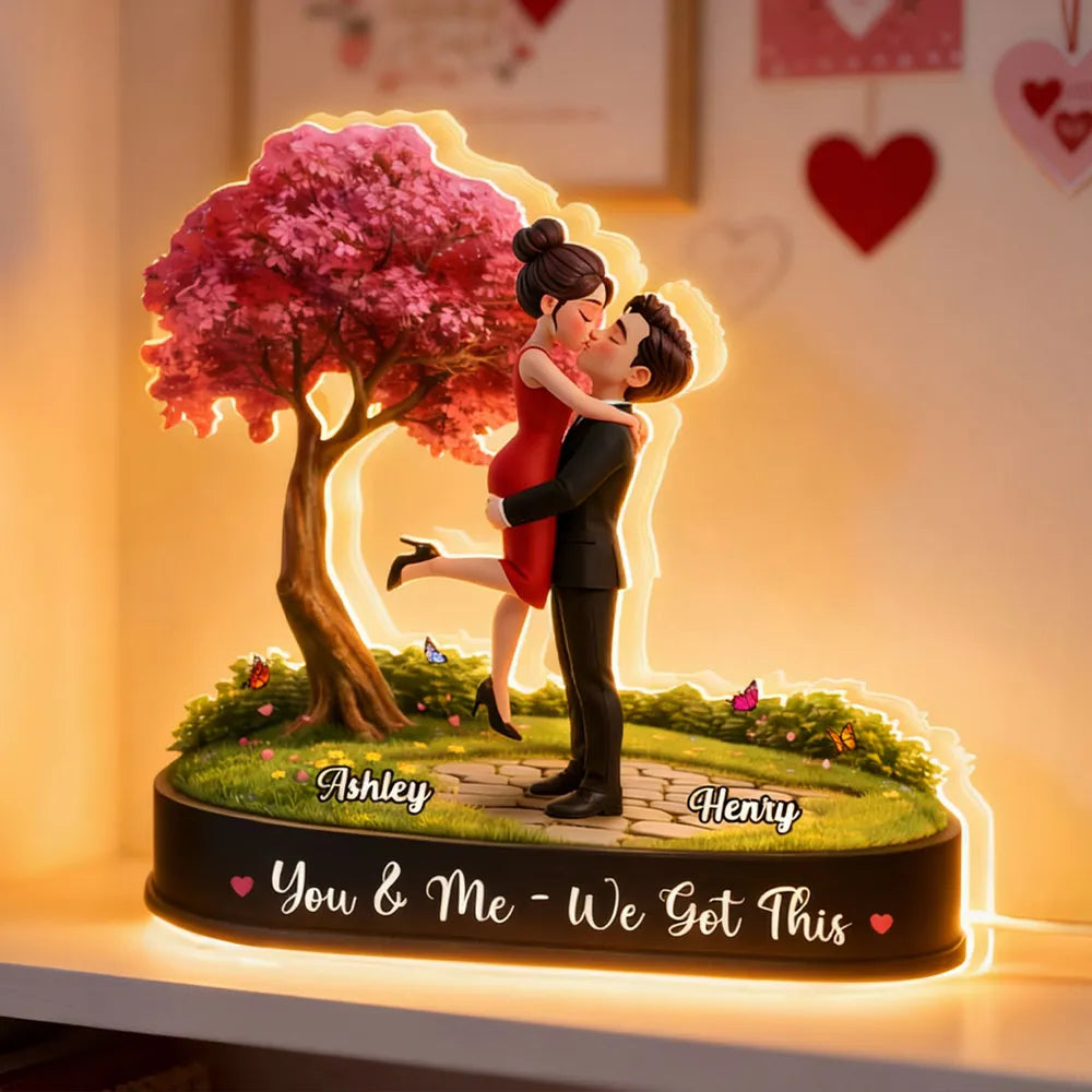 Personalized Acrylic Light Box Kissing Couple Under Pink Tree Night Sky, Warm Glow Unique Romantic Gift for Her or Him