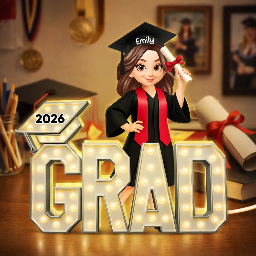 Personalized Acrylic Light Box Graduation Decor, Cute Cartoon Grad Holding Diploma, Warm Glow Unique Gift