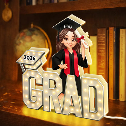 Personalized Acrylic Light Box Graduation Decor, Cute Cartoon Grad Holding Diploma, Warm Glow Unique Gift