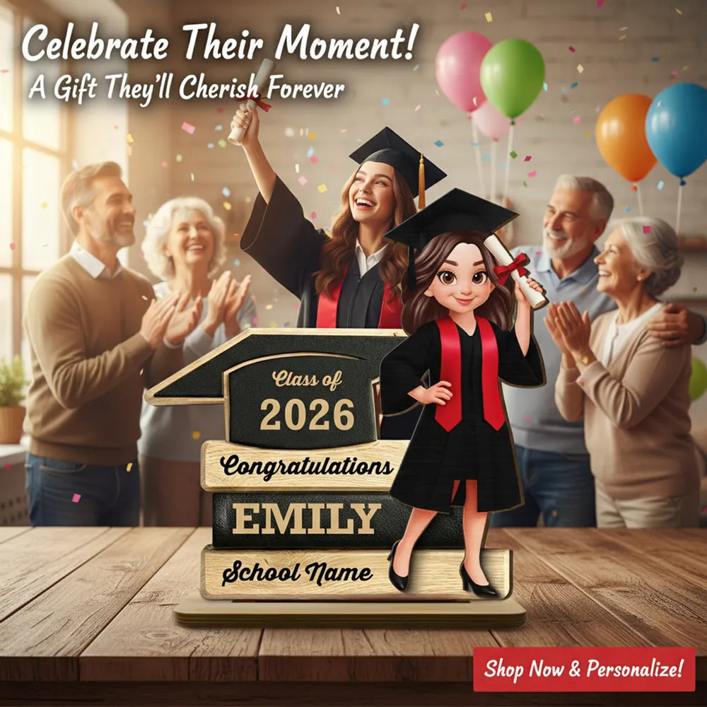 Personalized Graduation 2-Layer Wooden Plaque, Cartoon Grad Holding Diploma, Warm Wood Look, Unique Creative Gift