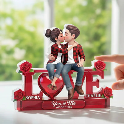 Personalized Shaped Acrylic Block Plaque with Kissing Couple on LOVE and Roses - Unique Romantic Gift for Him or Her