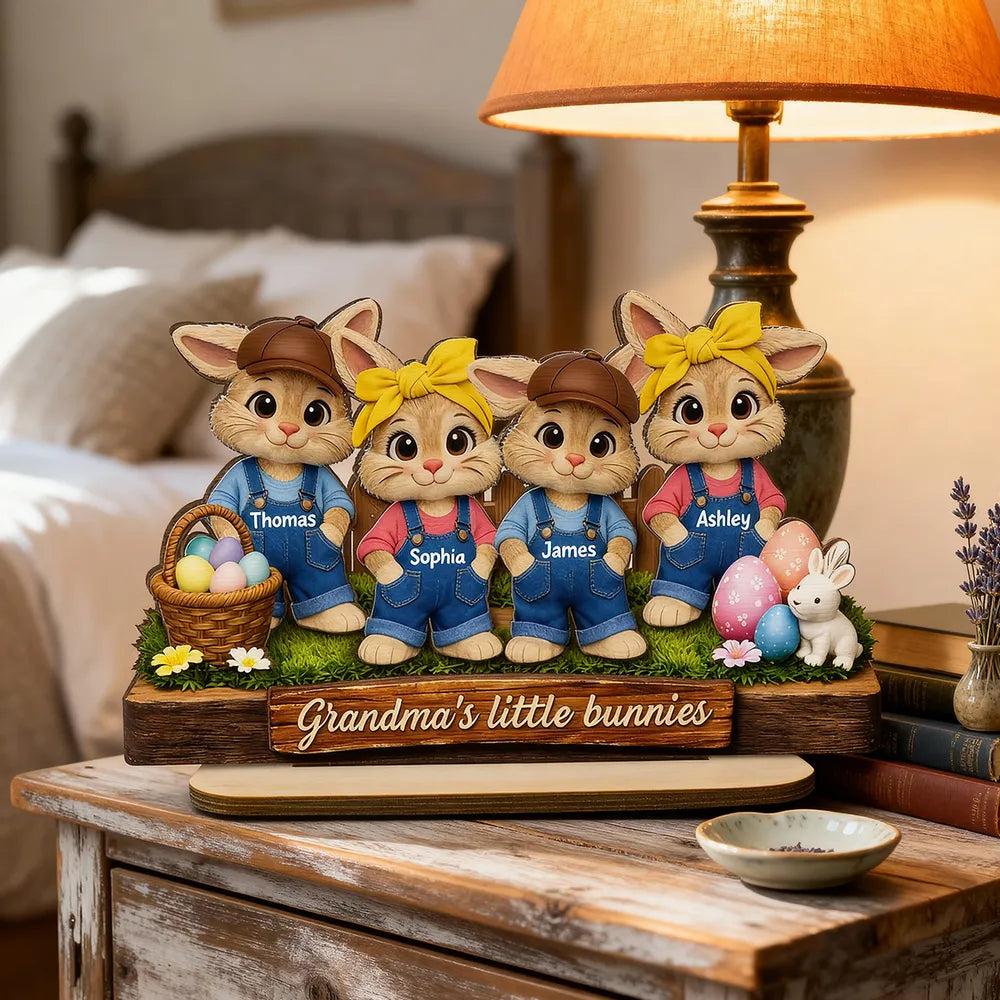 Personalized 2-Layer Wooden Plaque with Grandma's Little Bunnies, Easter Basket Scene, Unique Gift for Grandma