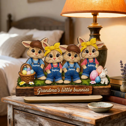 Personalized 2-Layer Wooden Plaque with Grandma's Little Bunnies, Easter Basket Scene, Unique Gift for Grandma